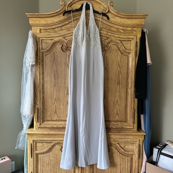 LULUS Blue Grey Lace Jersey Material Long Dress Halter Top - Picture 3 of 5